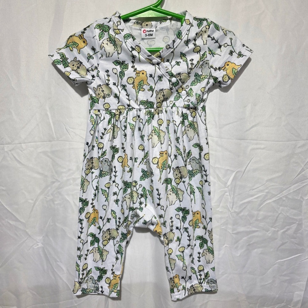 PatPat Baby Bunny Dandelion Print Short Sleeve Romper White 3-6M